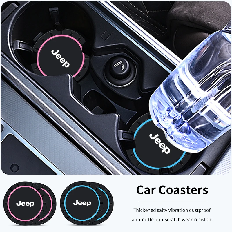 2PCS Car Coasters Water Cup Slots Non-Slip Mat Waterproof Cup Pad For Jeep Renegade Compass Grand Cherokee Wrangler JK Commander