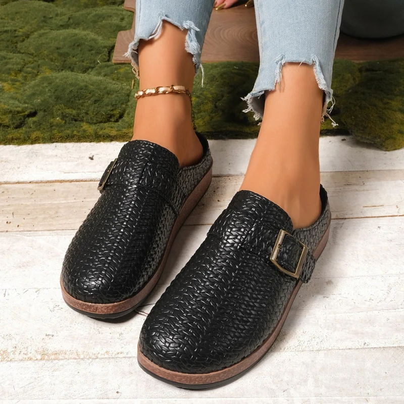 

Flat Slip-On Shoes New Woven Closed-Toe Half Slippers for Women Summer Outdoor Hollow Sandals