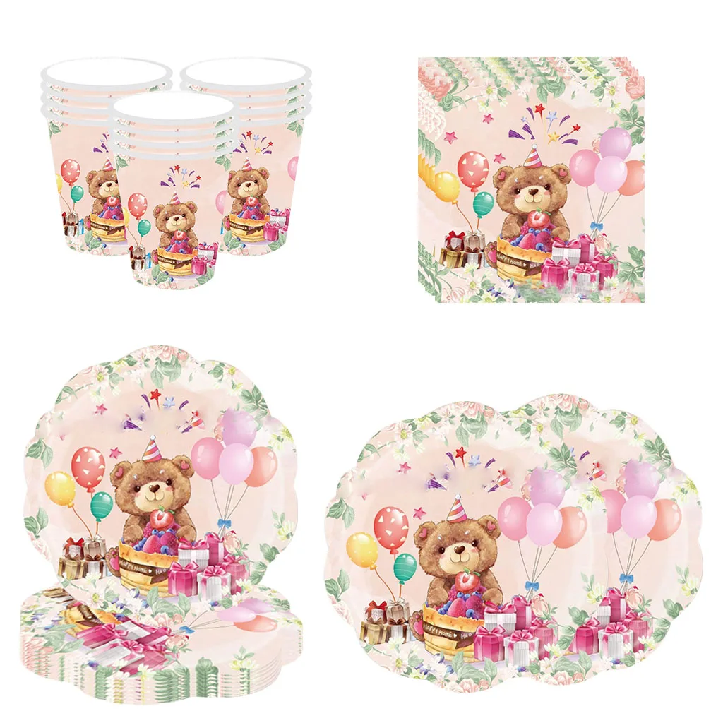 

Cartoon Bear Theme Party Decor Disposable Tableware Pink Bear Balloon Flower Plates Cups Baby Shower Girls Birthday Party Decor