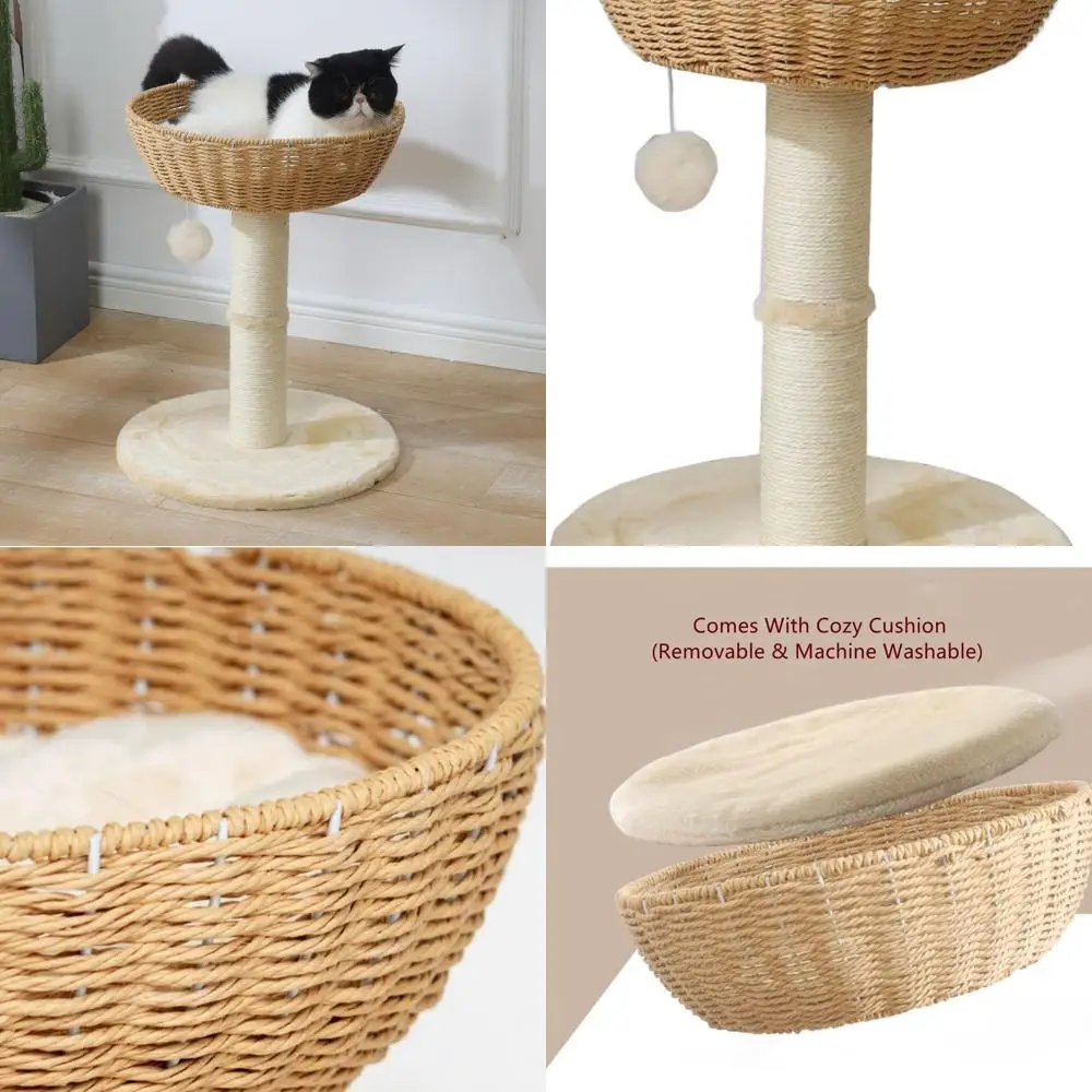 

Large Rattan Wicker Cat Tree Tower with Nest Basket Bed and Window Perch for Cats up to 20LBS