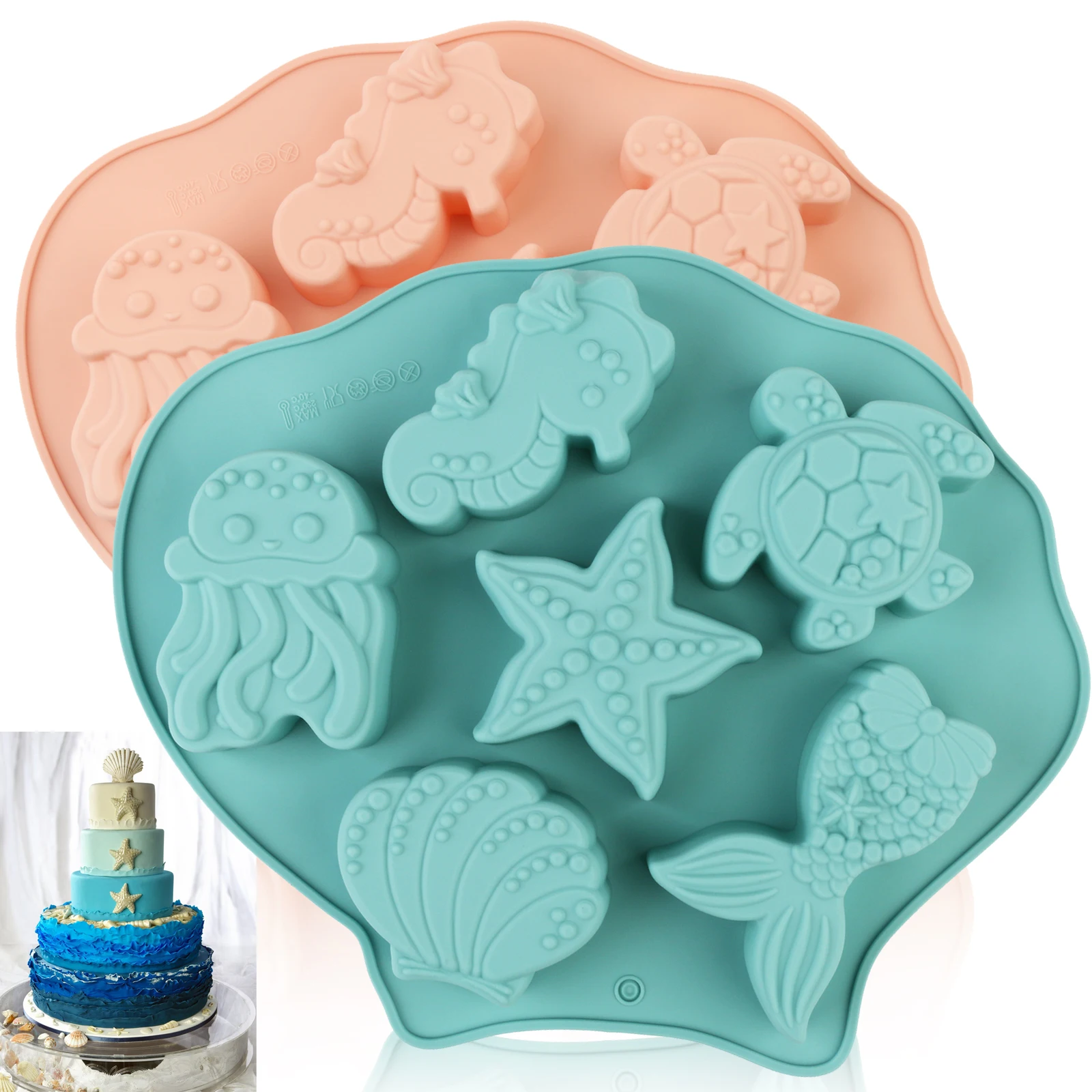 1Pcs Silicone Baking Mold Pink/Blue 3D Sea Horse Turtle Starfish Fish Shell Mermaid Tail Animal Cake Mold for Chocolate Cake