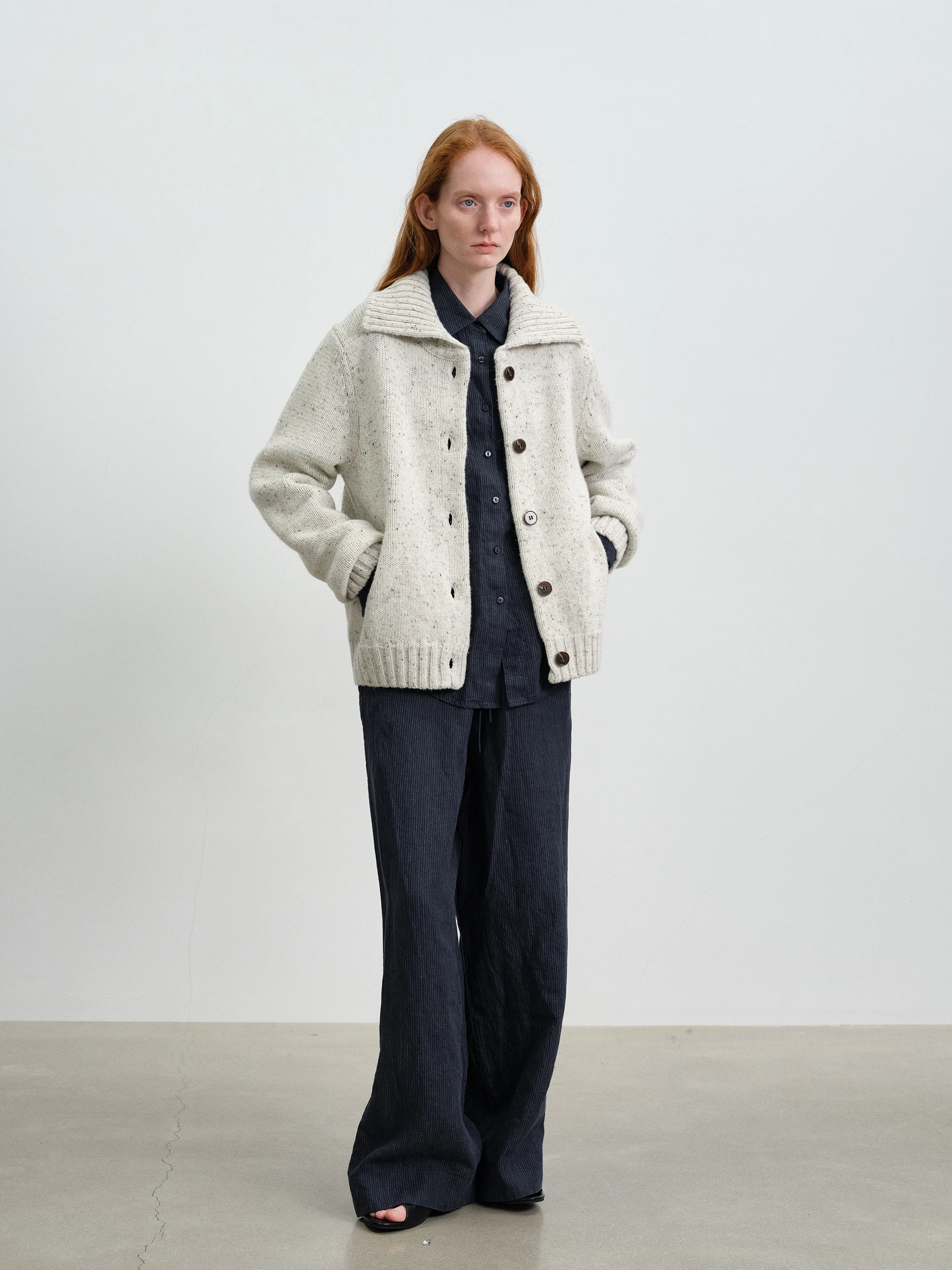 Silavie Vintage Thi Wool Knit Cardigan High Collar Turn-down Collar Women's Spring New Sle Soft Long Sve Pure Color