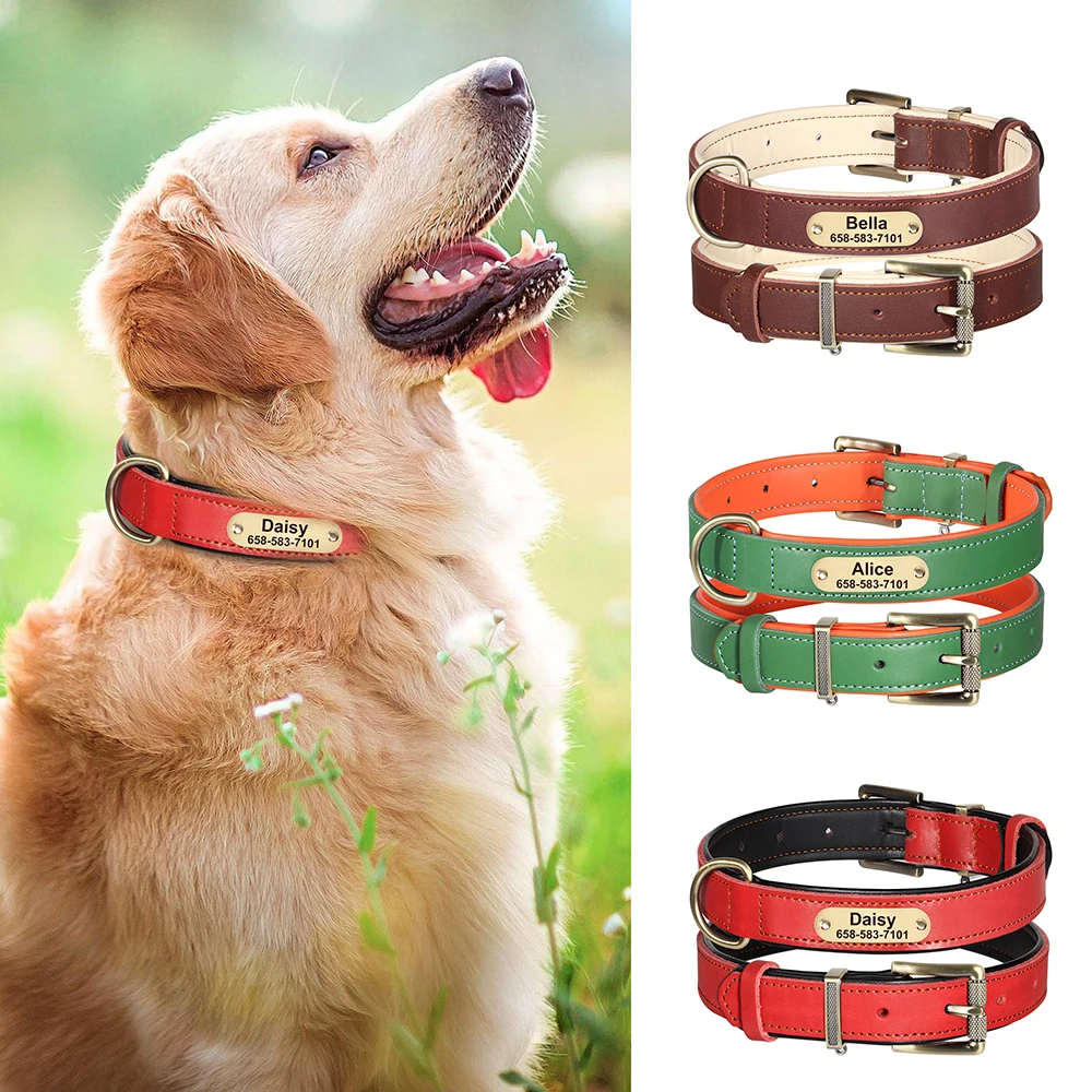 

Personalized Dog Collar Real Leather Big Dog Collars Soft Padded Pet Necklace Free Engraving for Medium Large Dogs Pitbull Pug