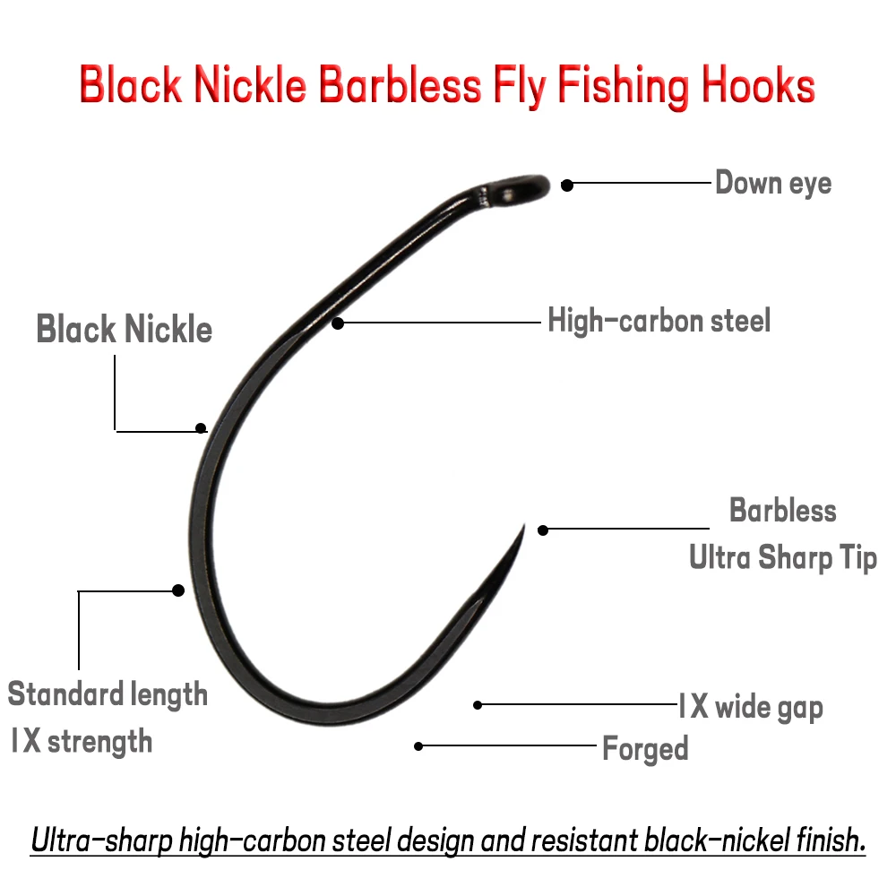 WIFREO 30PCS Black Nickle Barbless Fly Fishing Hooks Fly hook High-carbon Steel Fly Tying Nymph Scud Pupa Hook