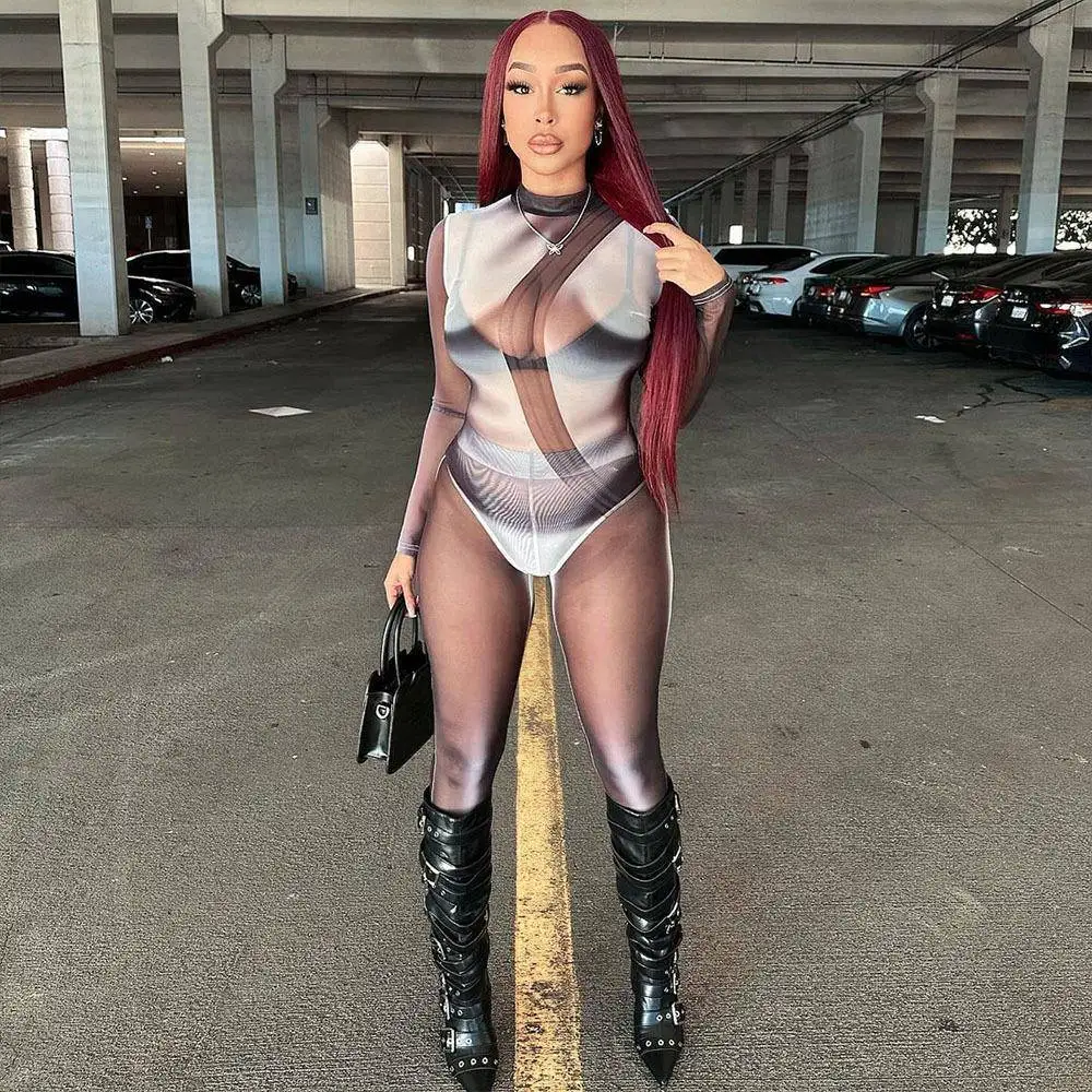 

Сексуальный комбинезон с принтом, удлиненный рукав, средняя талия, широкие штанины, тонкая ткань, весна 2024, женский цельный костюм