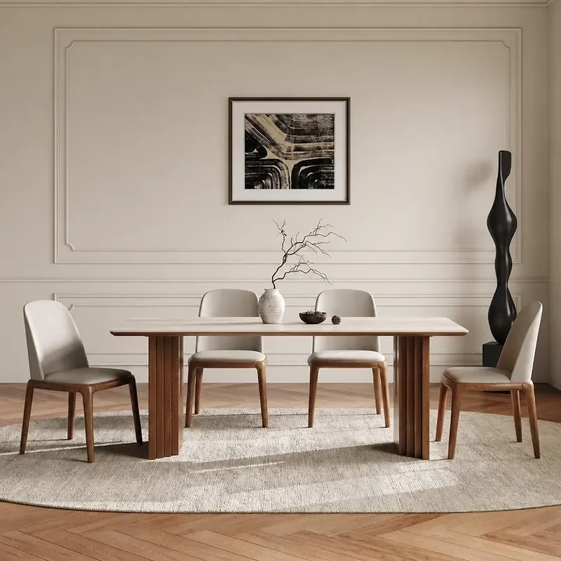 Medieval Wabi Sabi Dining Table and Chair Set Oak Travertine Rock Slab French Solid Wood Rectangular Restaurant Furniture