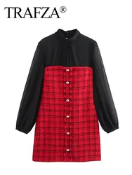 TRAFZA Autumn Dresses Woman Trendy Red Plaid O-Neck Long Sleeves Single Breasted Decoration Zipper Female Vintage Long Dress