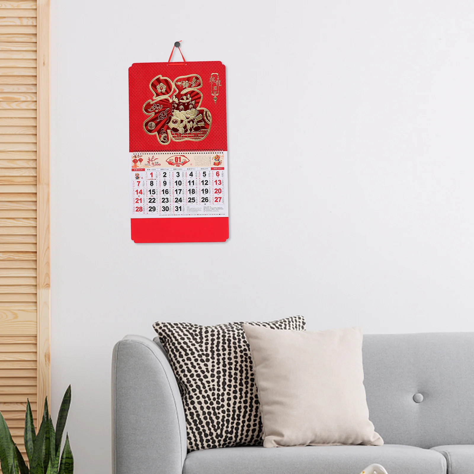 

2024 Dragon Year Wall Calendar Lunar Hanging Monthly Planner Red Traditional Home Office Accessory Detailed Info