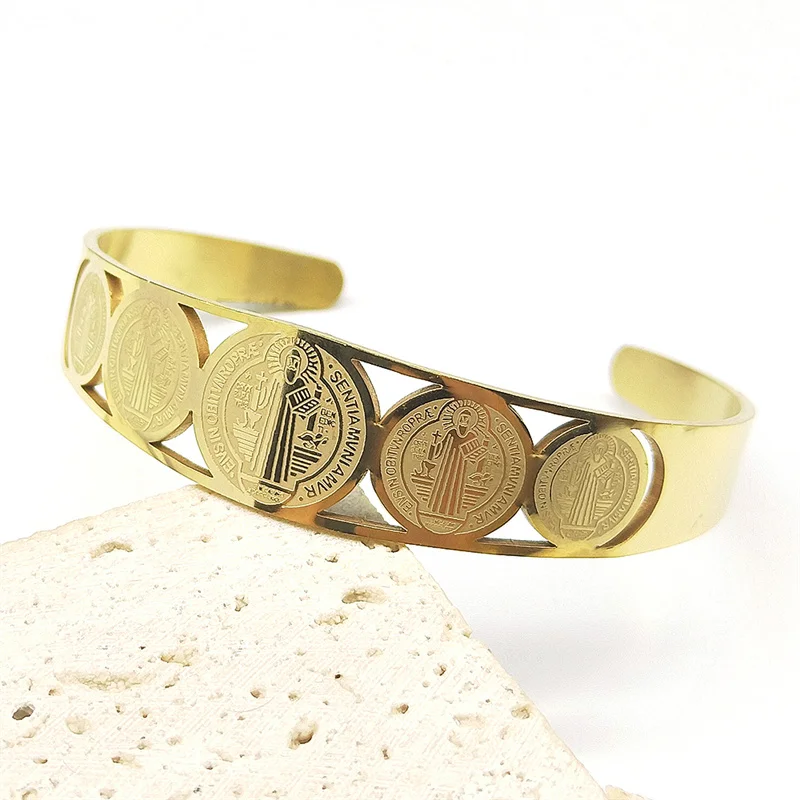 Catholic Saint Benedict Adjustable Bracelet for Women Men Stainless Steel Gold Color San Benito Religious Hand Chain Jewelry