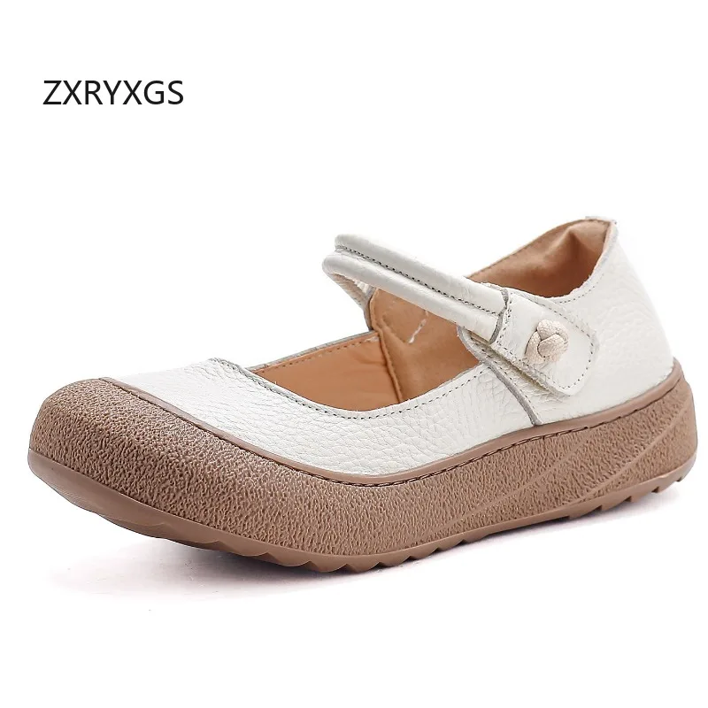 ZXRYXGS Soft Cowhide Shallow Mouth Mother's Flat Shoes 2026 Autumn Round Toe Comfortable Soft Sole Flats Women's Banquet Shoes