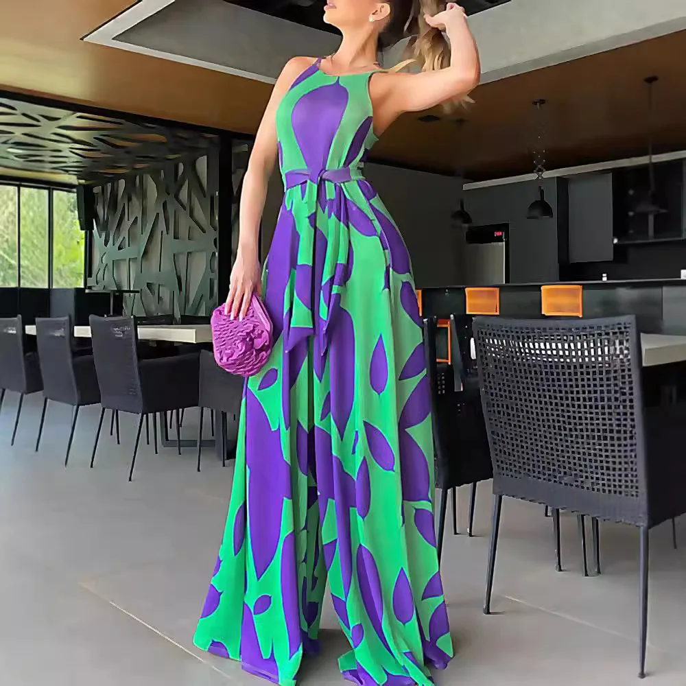 

Women's Classic Spring-Summer Charming Commuter Sleeveless Wide-Hem Strapless Printed Green High-Waist Fitted Jumpsuit