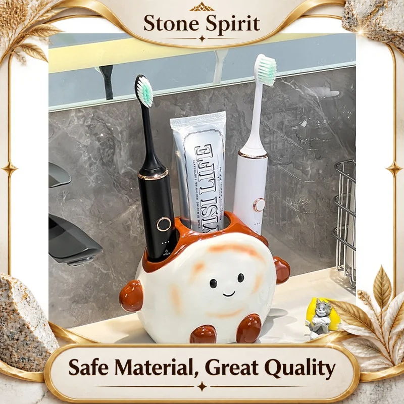 Chinese Burger Toothbrush Holder, Creative Ceramic Electric Toothbrush Stand with Storage, Bathroom Organizer for Sink Counter