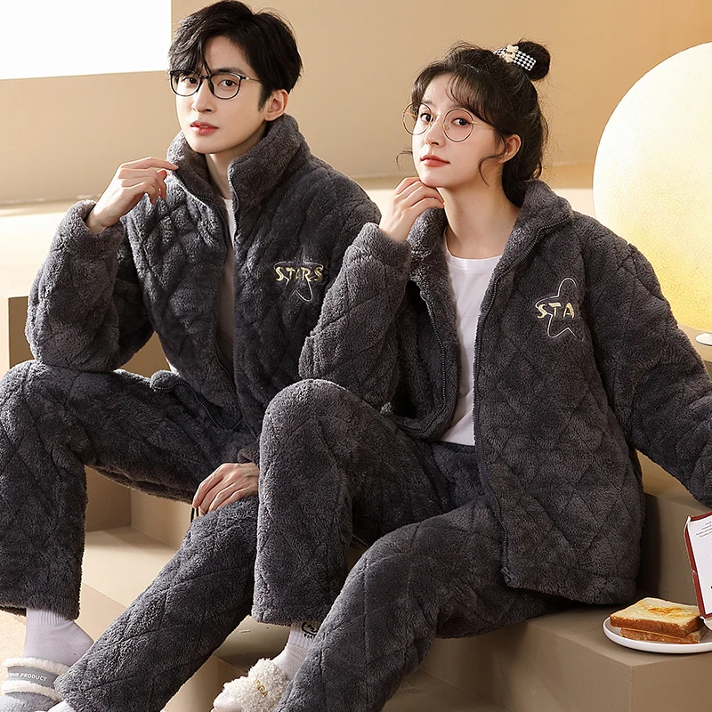 Couple's Thicken Pajamas Winter Warm Women's Sleepwear Men's Coral Velvet Zipper Pyjamas set Flannel Loungewear for Lovers