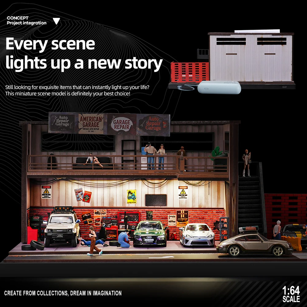 1/64 Vintage Model Car Garage Diorama – Old Warehouse Repair Model Car Shop Box with  LED Light (No Model Car, No Cover)