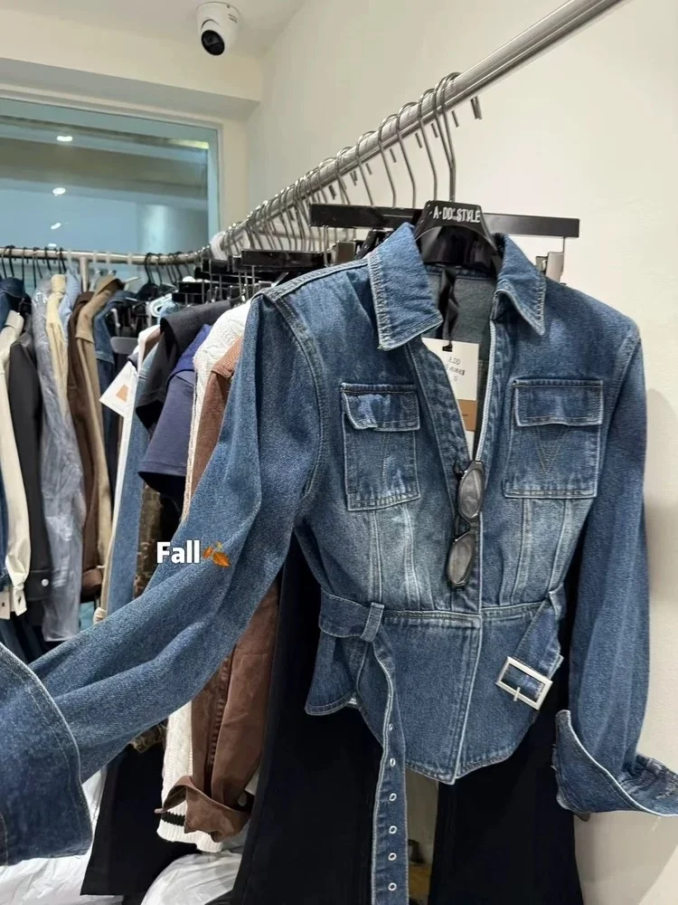 가을 신상 여성 데님 베스트, 오트칼라, 싱글 버튼 디자인, 다용도 허리 조임 탑, 출퇴근 패션