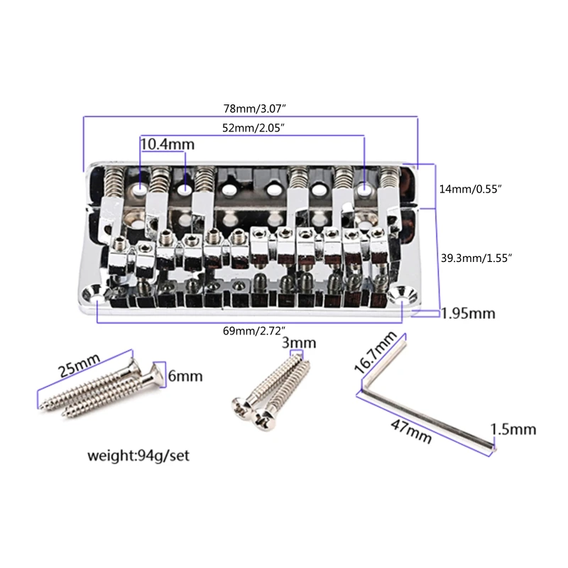 77HC Metal 6-String Guitar Fixed Hardtail Bridge Roller Saddle Bridge Replacement