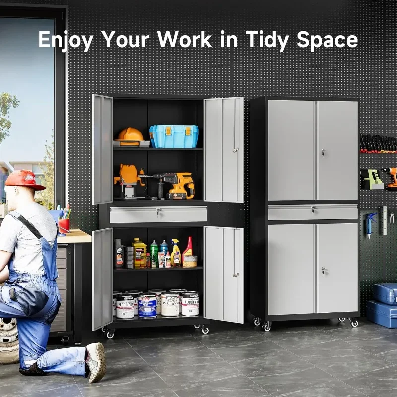خزانة تخزين جراج معدنية جديدة مع أبواب قفل وأرفف قابلة للتعديل مع 4 عجلات ودرج واحد، وخزانة جراج متدحرجة #4
