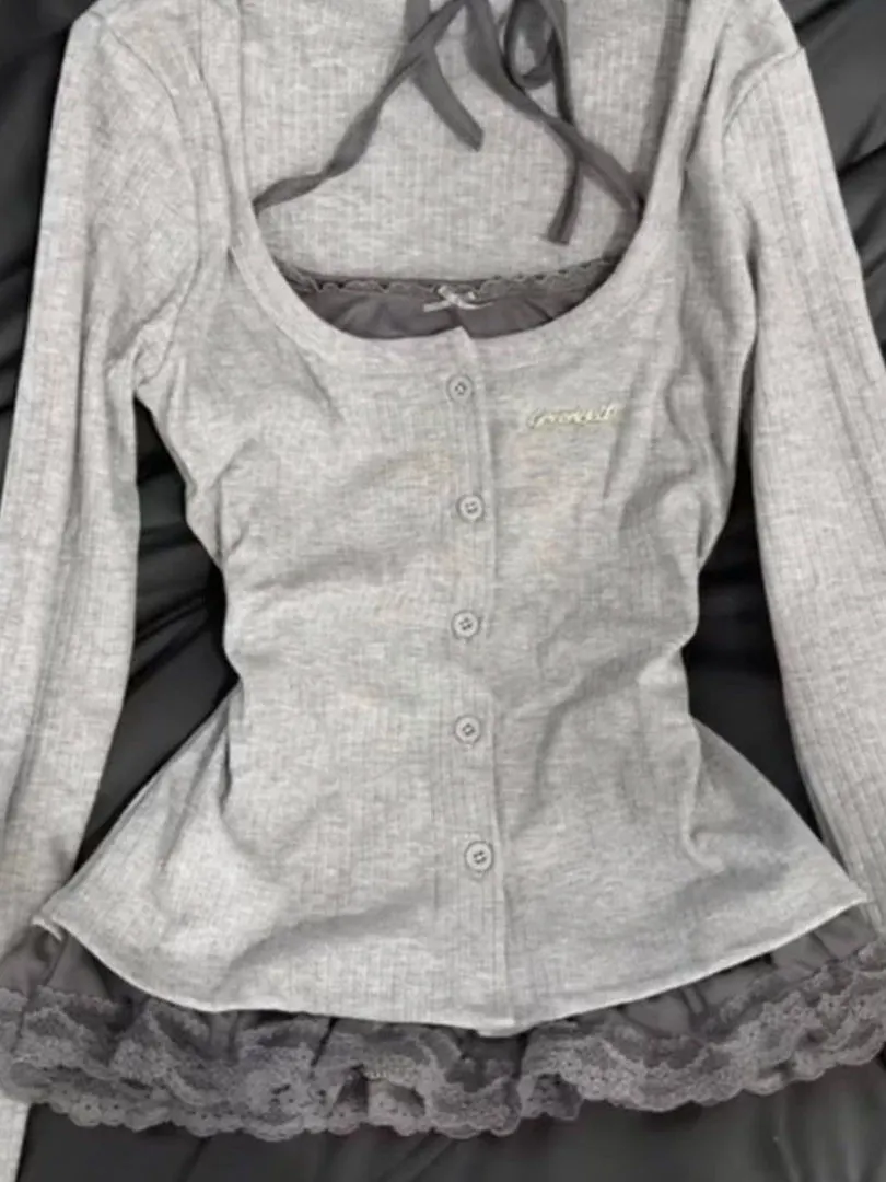 Korean Style Sweet Lace Neck Long Sleeve T-Shirt Women's Spring Versatile Slimming Top Comfortable Breathable Knitted Fabric