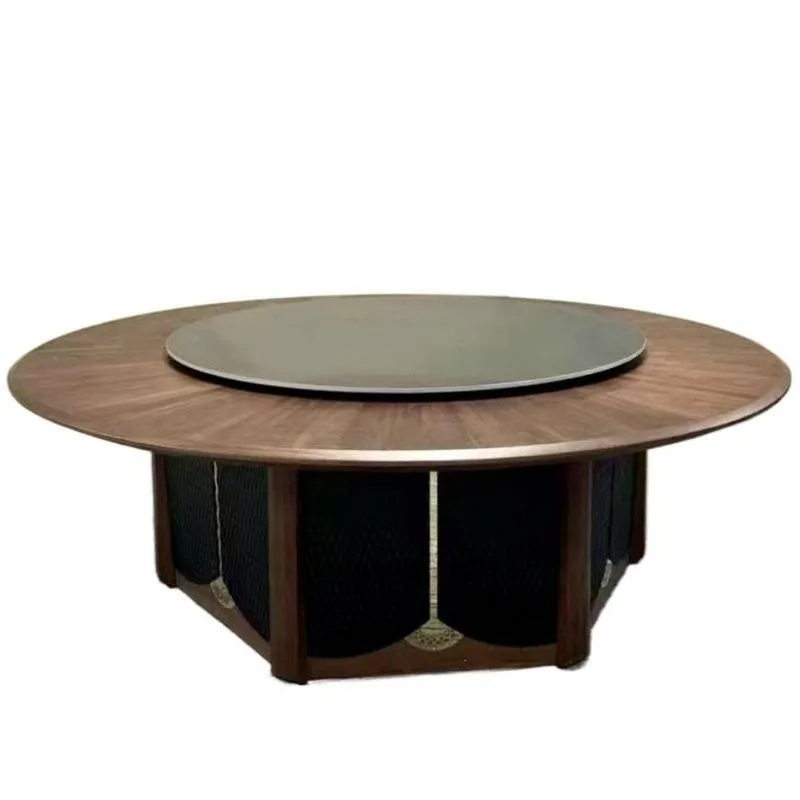New Chinese-style hotel large round table, electric solid wood dining table, with rock slab turntable for 15 people