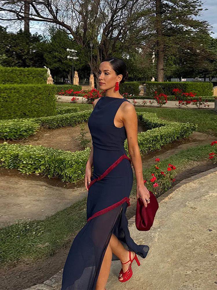 ฤดูร้อนElegantแขนกุดBackless Patchworkชุดยาวเซ็กซี่Bodycon Maxiพรหมชุดผู้หญิงชุดราตรีชุดเทศกาล