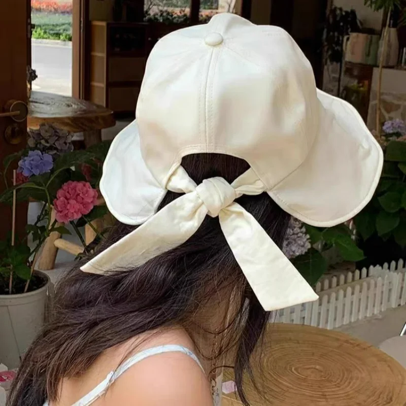 Women Summer Soft Cotton Ponytail Bucket Hat Outdoor Hat with Sun Hats Beach Fisherman Cap Adjustable Panama Bow Foldable