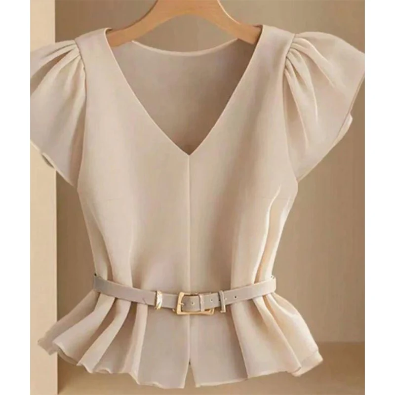 

Women's Light Beige Lotus leaf sleeves Top with Deep V-Neck and Shoulder Ruffles Paired with a Light Gray Belt and Gold Buckle