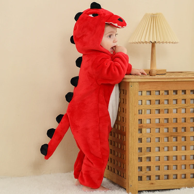 Newborn Baby Boys Rompers Red Dinosaur Halloween Cosplay Costume Winter Warm Flannel Baby Onesies Kids Overalls Girls Clothes