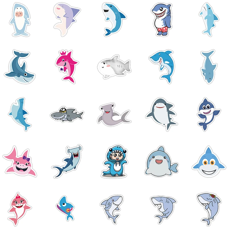 50PCS Cartoon Shark Stickers Cute Marine Animals Graffiti Waterproof Decal Luggage Stationery Helmet Bottle Decoration Decals