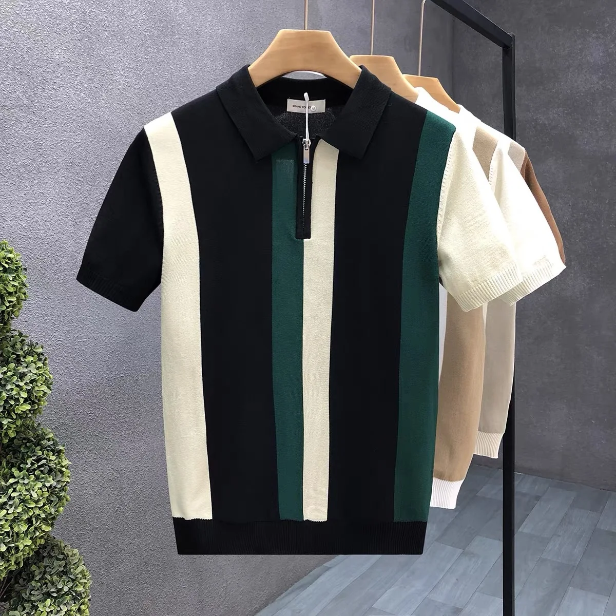 POLO shirt lapel short-sleeved knitted sweater men's half zipper color blocking British business
