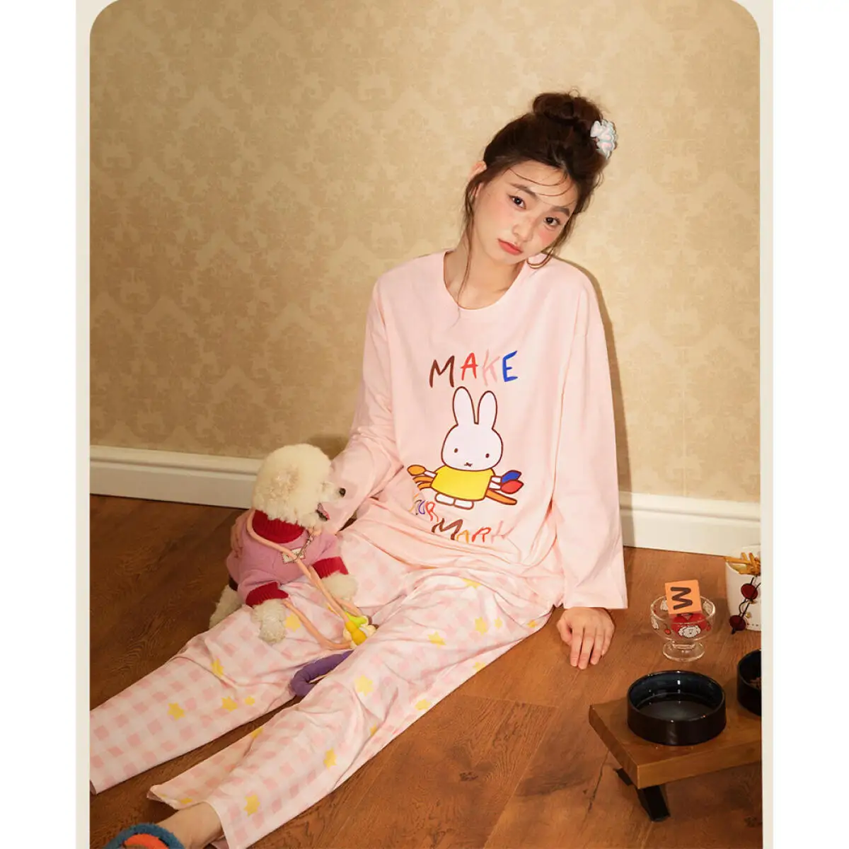

Miffy Sleepwear Womens Spring and Autumn Pure Cotton Long Sleeved Sweet and Cute Full Printed Checkered Home Clothes