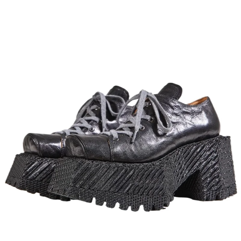 Genuine Leather Square Toe Shoes for Women's British High Heels Thick Soled Height Increasing Shoes Pig Nose Ugly and Cute Shoes