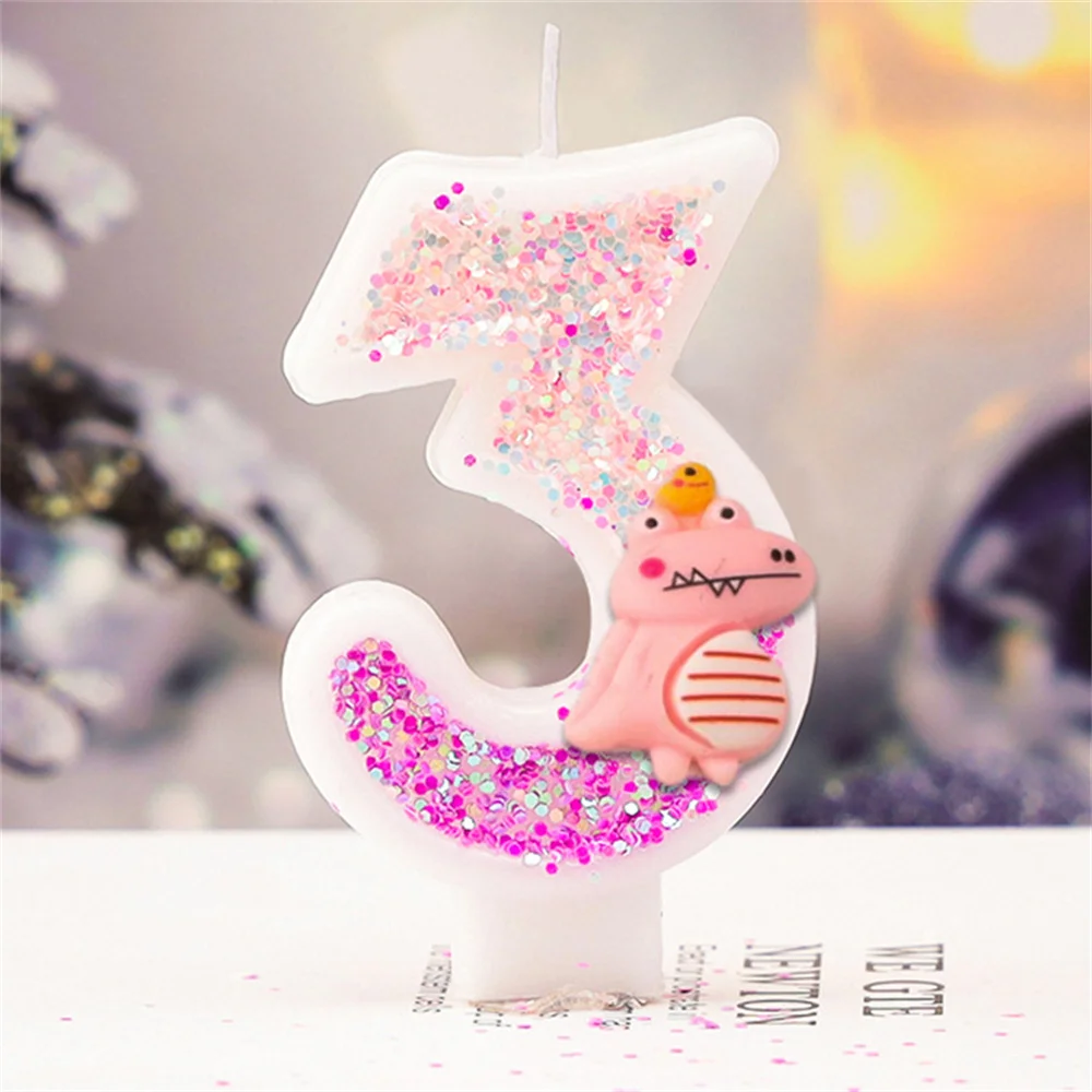 Pink Dinosaurs Glitter Number Birthday Candles Cake Toppers Gradient Color Birthday Digital 0-9 Candle Cakes Dessert Decorations