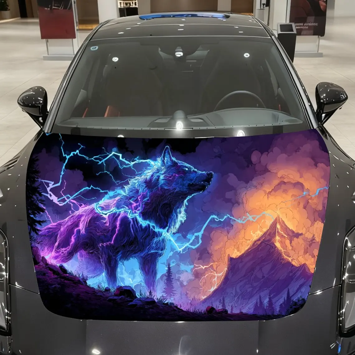 

Colorful Mountain-Top Wolf with Neon Lightning Interweaving Car Vinyl Wrap, PVC Material Waterproof Car Hood Sticker, Self-Adhes