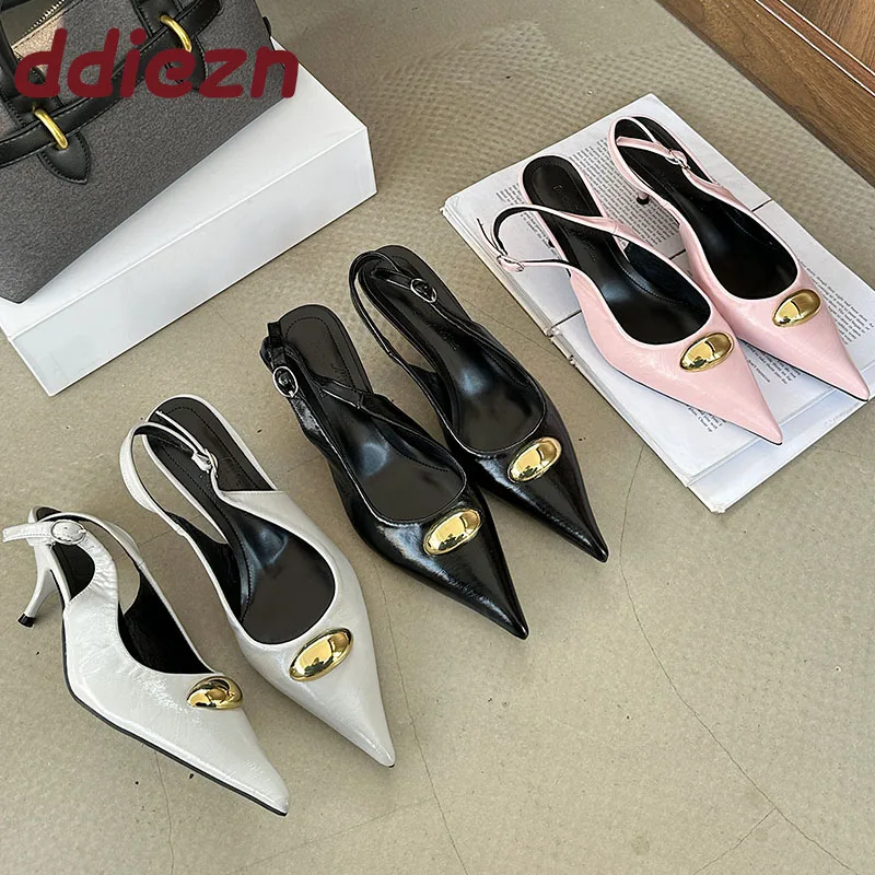 Fashion Metal Rivet Footwear Shallow Women Medium Heels Pumps Shoes 2025 Female Slingbacks Pointed Toe Ladies Thin Heels Shoes