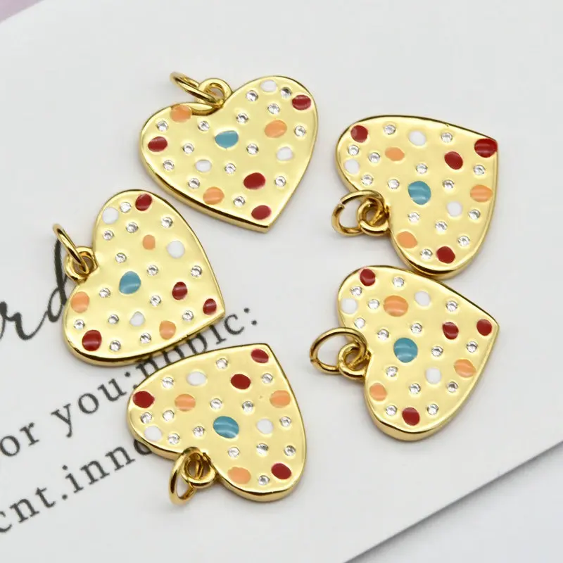 Jewelry Making Supplies Color Remain Gold Plated Copper Multi Color Enamel Heart Charms for Bracelet Necklace Earring Making