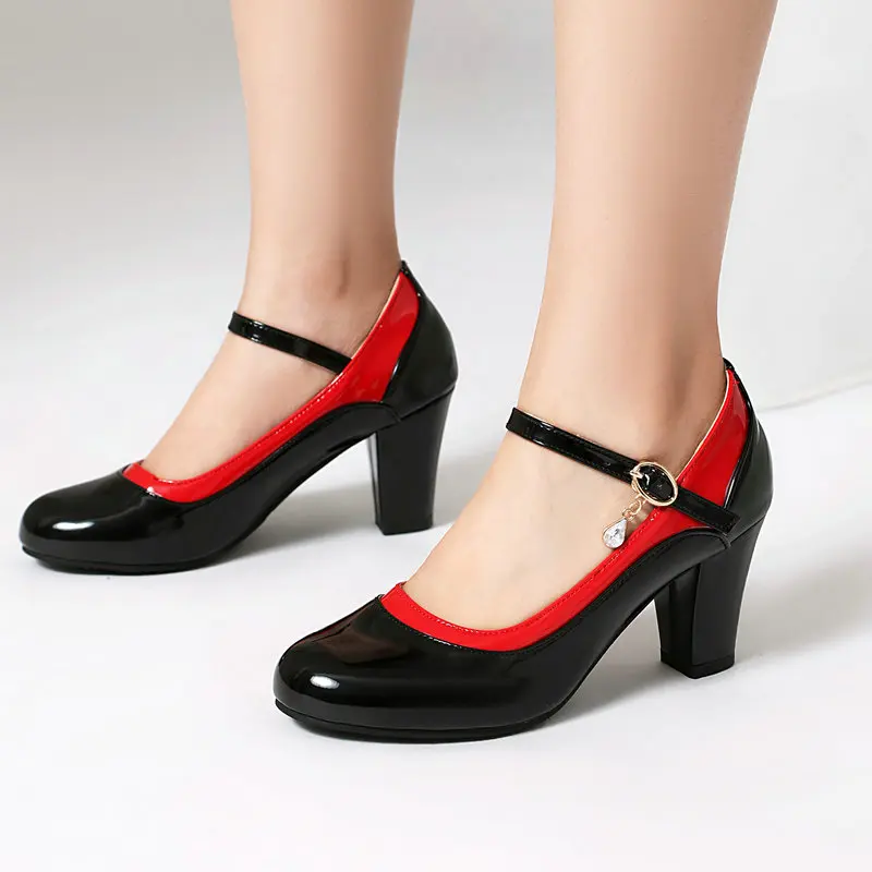 Plus Size 34-47 Mixed Color Pink Red Closed Toe Women Mary Janes Shoes Sweet Chunky High Heeled Pumps Fashion Mature Lady Heels