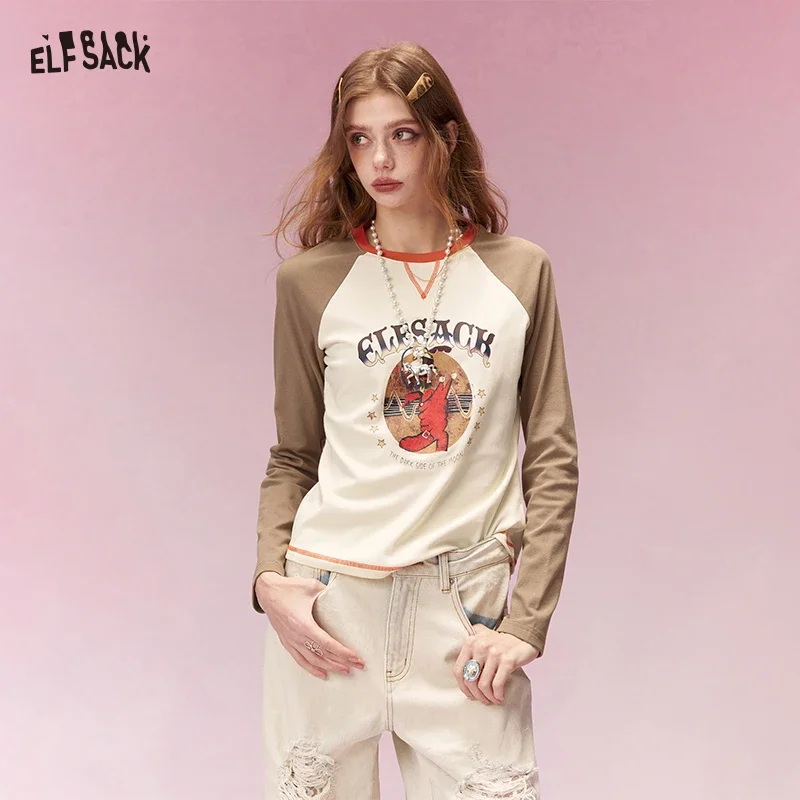 ELFSACK Women's Contrast Sleeve Long Sleeve T-Shirt Graphic Print Vintage Preppy Casual Top