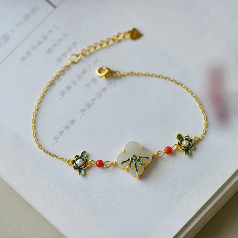 Summer Special Enamel Porcelain Inlaid Hetian Jade Pearl Clover Long Earrings Temperament Ladies Banquet Silver Jewelry