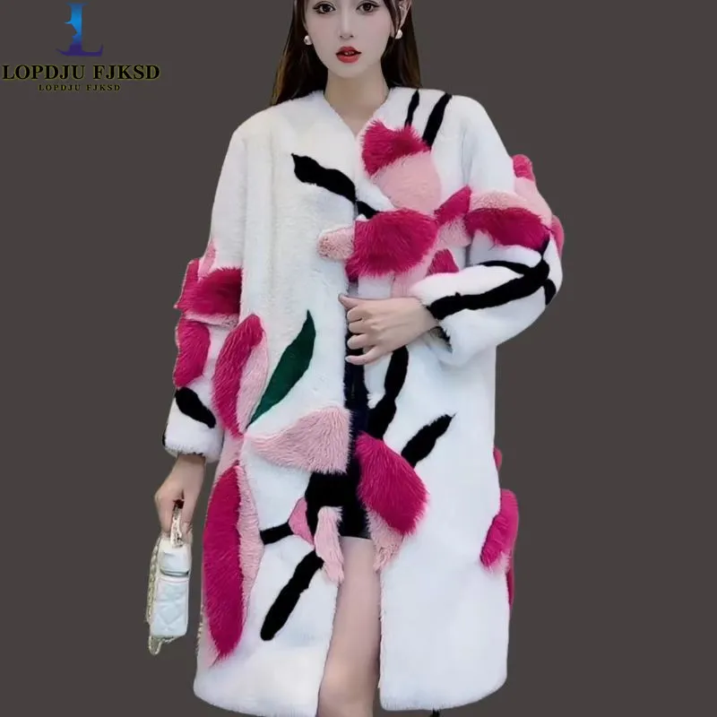 Kunstnerz-Pelzmantel für Damen, Jacke mit überzogenen Knöpfen, Damenkleidung, Druck, O-Ausschnitt, dick warm, Herbst und Winter, 2025