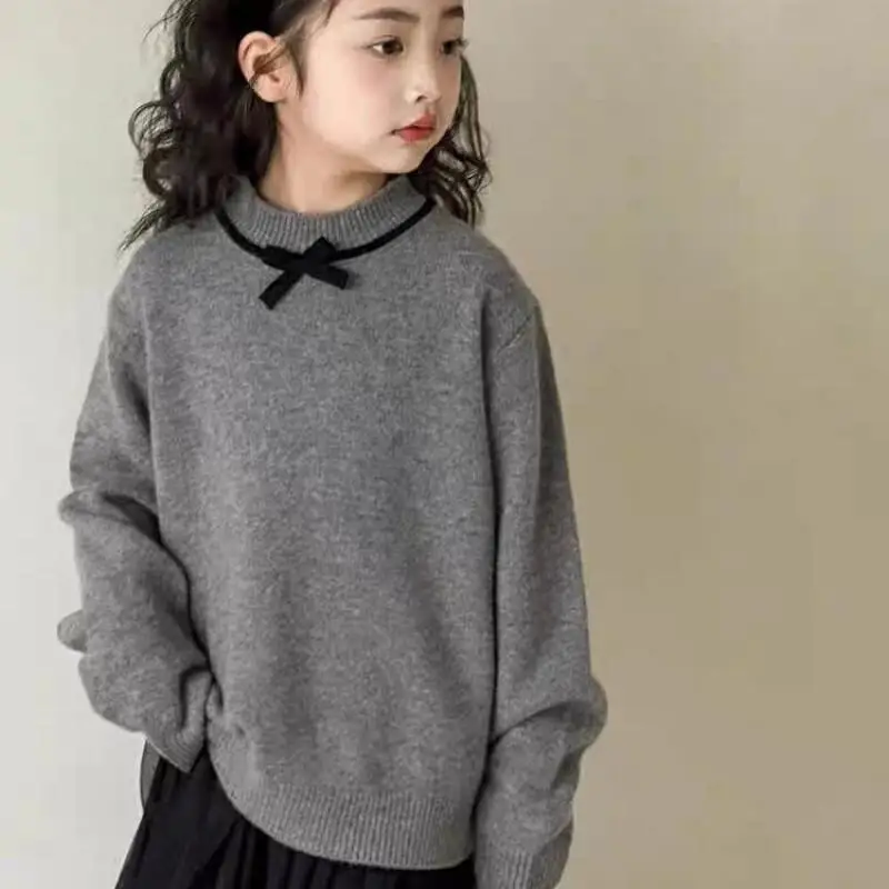 

Вязаный свитер для девочек, осенне-зимний однотонный пуловер с круглым вырезом, топы с длинными рукавами, удобный базовый слой, детская одежда