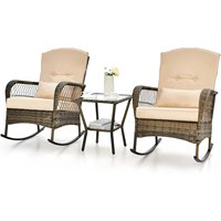 3 pieces 2 PE Wicker rocking armchair with tempered glass coffee table, upholstered, for terrace, garden, patio