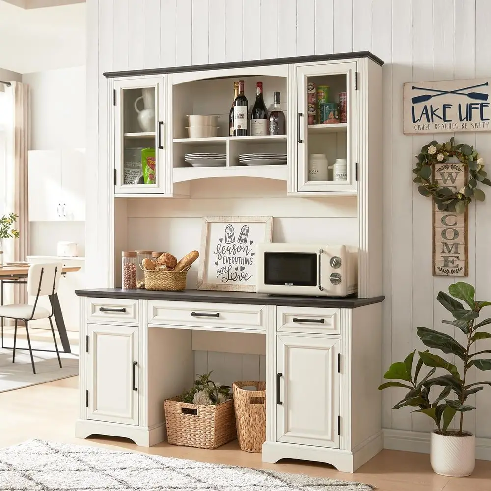 76 Farmhouse Style Computer Desk with Hutch, Charging Station, Drawers, and Storage, Off-White Office Workstation，Customized