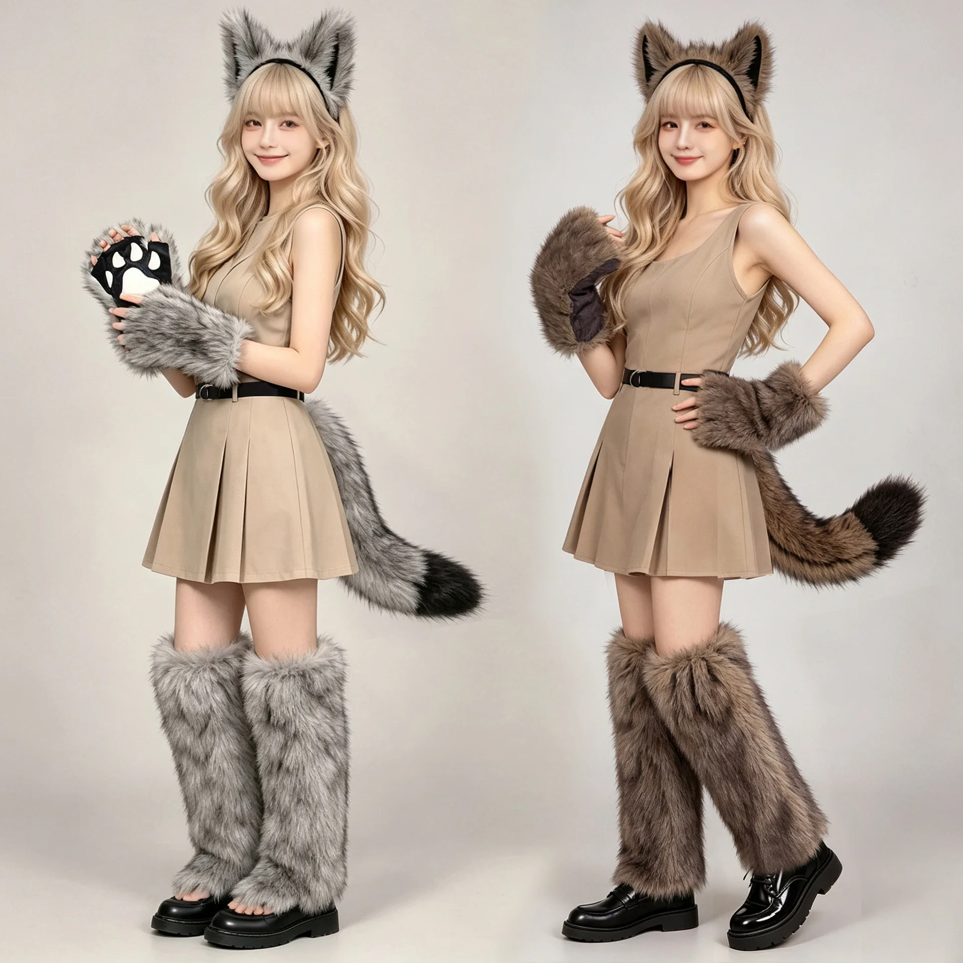 Mad Wolf Phantom 6‑piece Cosplay Accessory Set, Multi‑color Plush Wolf Ear Headband, Paw Gloves, Leg Cuffs & Tail For Halloween