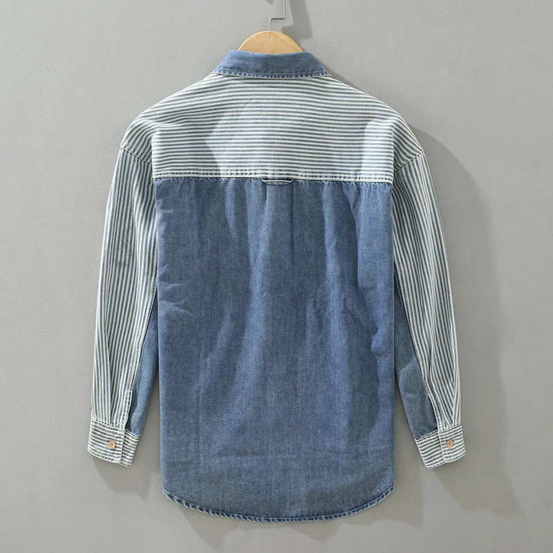 Spring Autumn Men Denim Shirt Hong Kong Style Casual Loose Vertical Stripe Splicing Fashion Patchwork Long Sleeve Blouse Tops