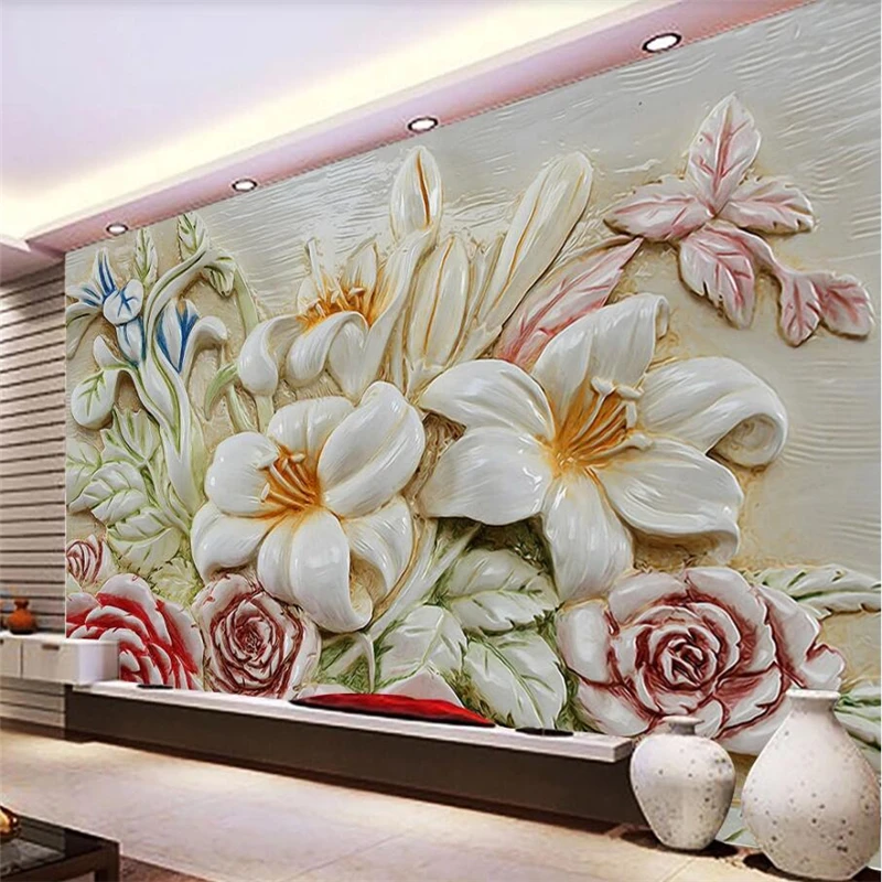 Custom wallpaper 3D European flower embossed TV background wall paper resin flower embossed decorative painting papel de parede