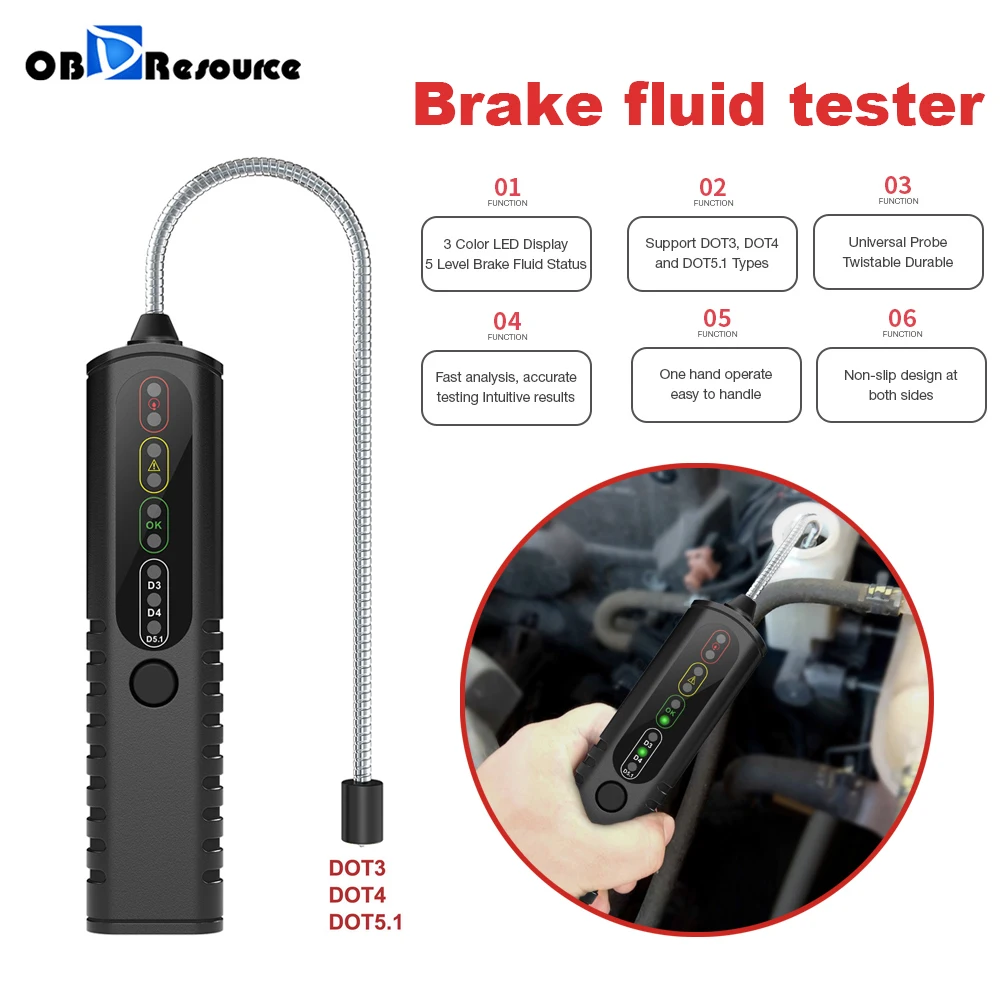 Car Brake Fluid Tester BF100 for DOT3 DOT4 DOT5.1 LED Indicators Accurate Brake Automotive Oil Quality Detector Accessories