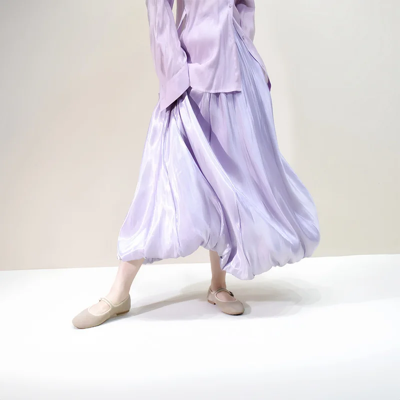 UMI MAO Silk Satin Bud Skirt Women's Silk Glossy A-line Skirt Pure Desire Pearl Slimming Draped Mid-length Fairy Cloud Skirt