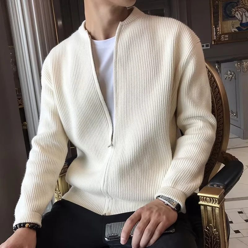 2026 Autumn/Winter New Men's Knitted Cardigan Jacket Warm Slim Fit Business Solid Color Sweater Coat
