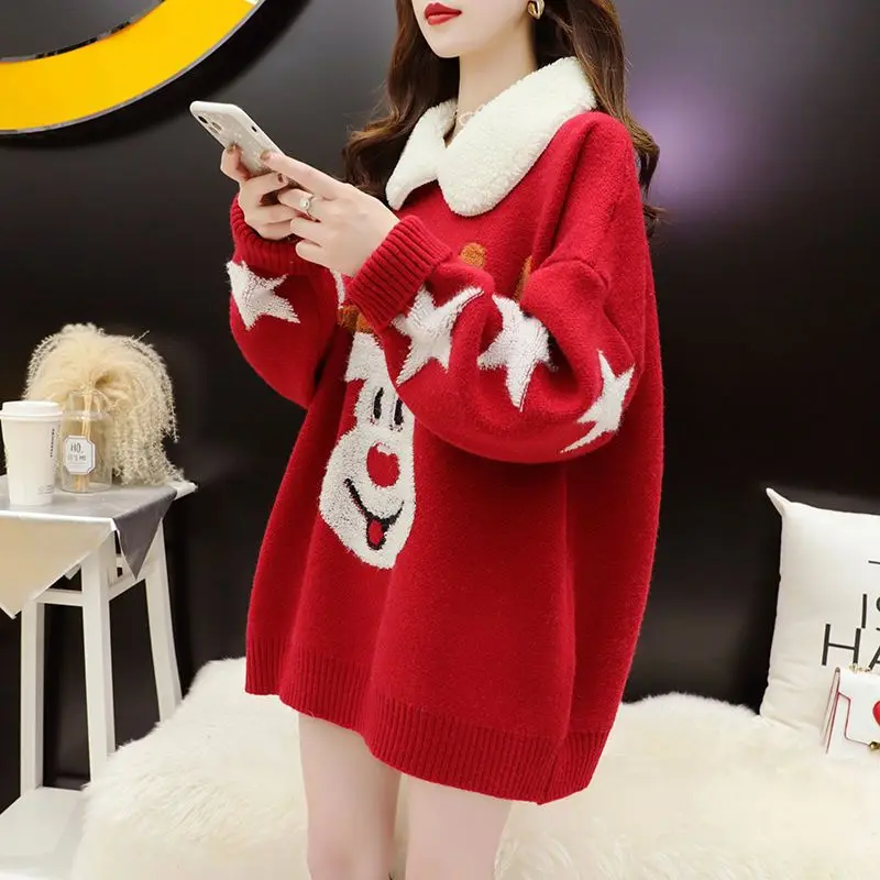 

Women's Autumn Winter New Fashion Wool Collar Pullover Cartoon Jacquard Splice Korean Versatile Long Sleeve Sweater Knit Tops