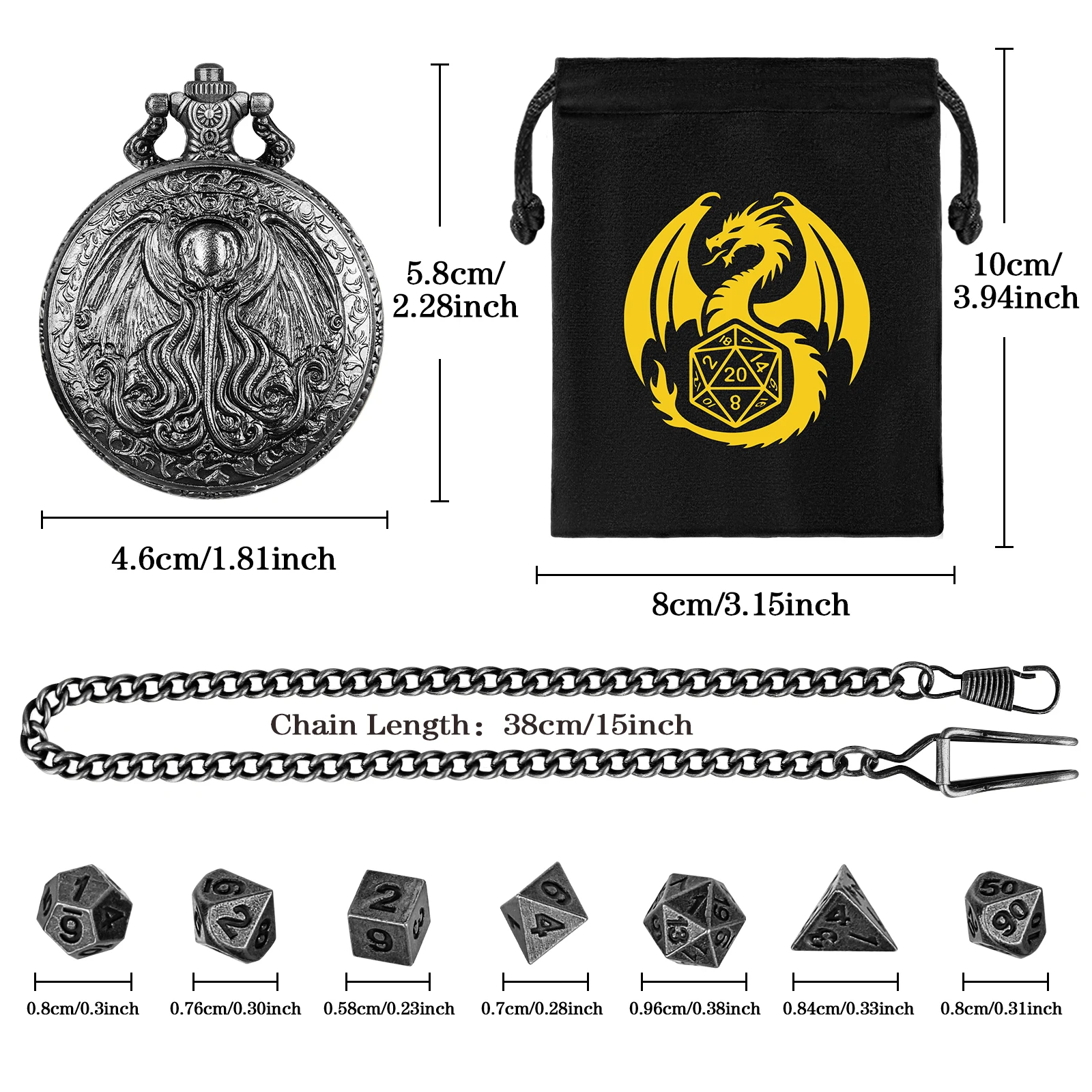 5pcs Wholesale Retro Punk Octopus Metal Pocket Watch Case Mini Dice Set Fob Chain Gift for Entertainment Role Playing Lovers